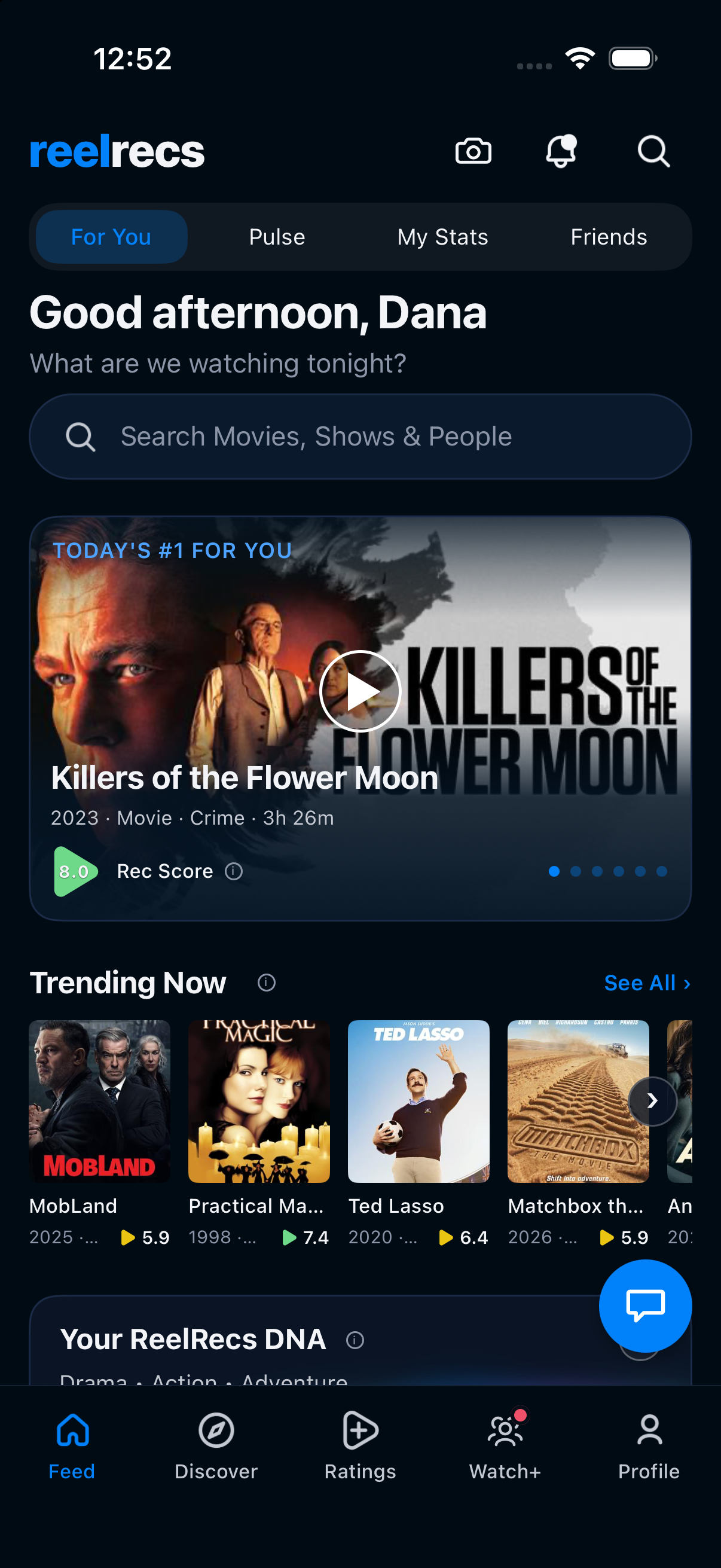 ReelRecs For You feed suggesting Killers of the Flower Moon with a personal Rec Score of 8.0