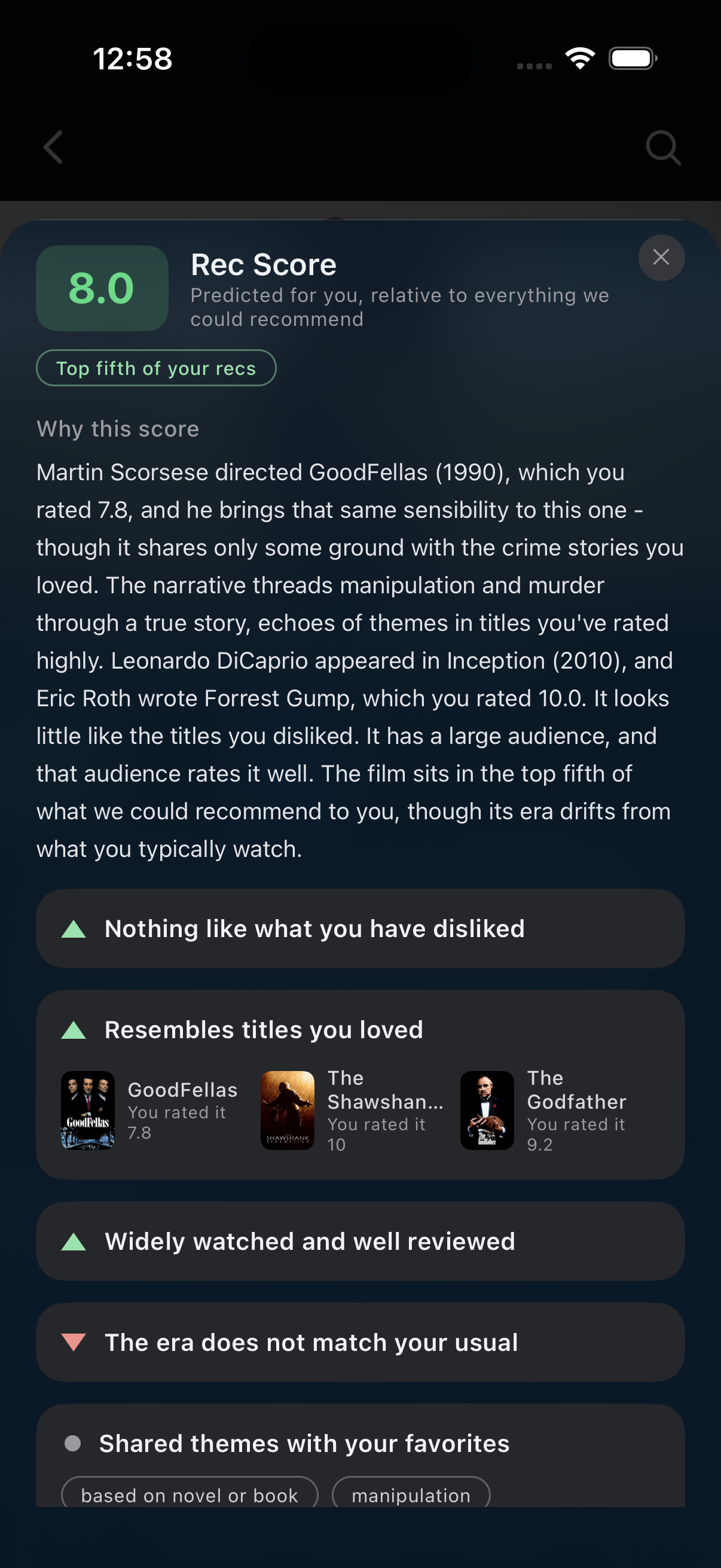 A personal score explanation connects Killers of the Flower Moon to the example profile's film ratings