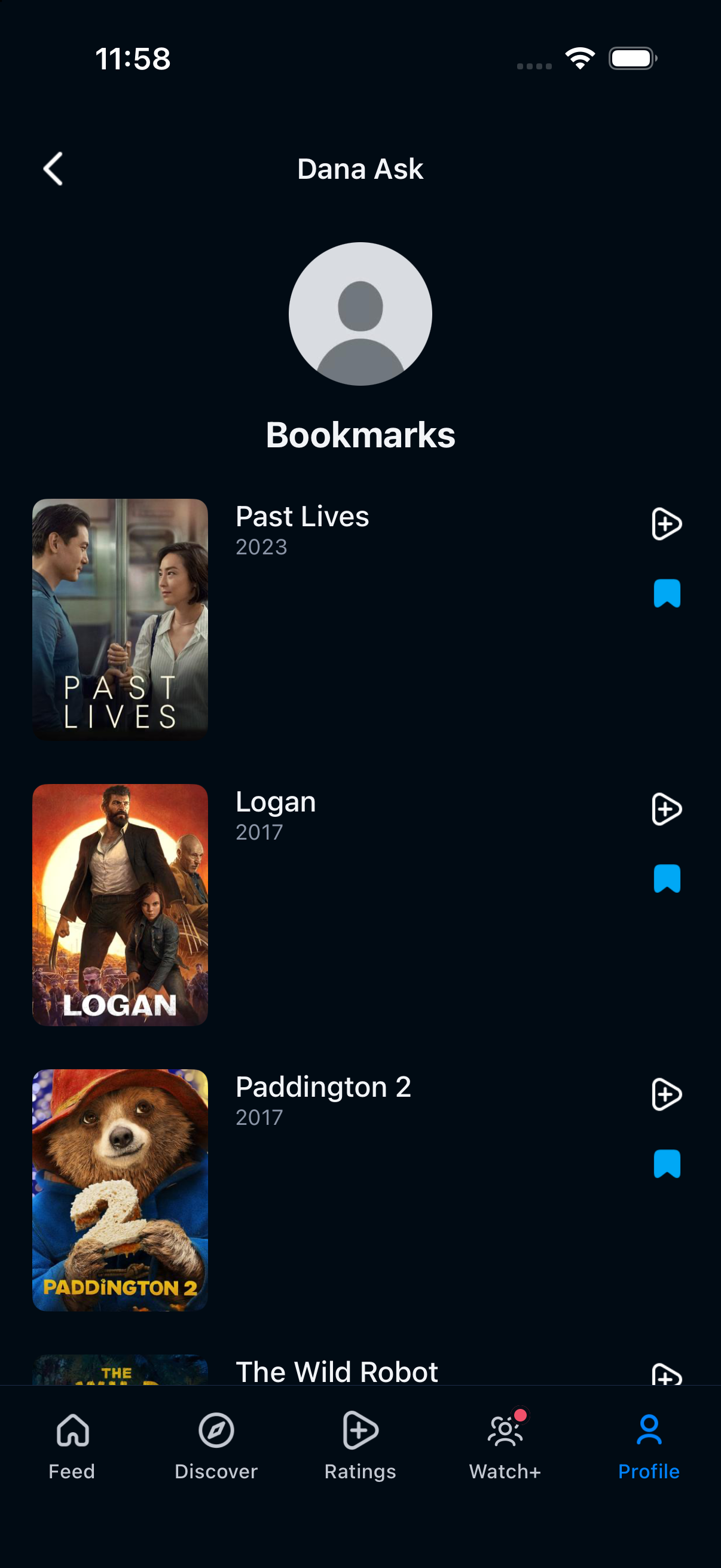 Past Lives saved in the Bookmarks list of a ReelRecs example profile
